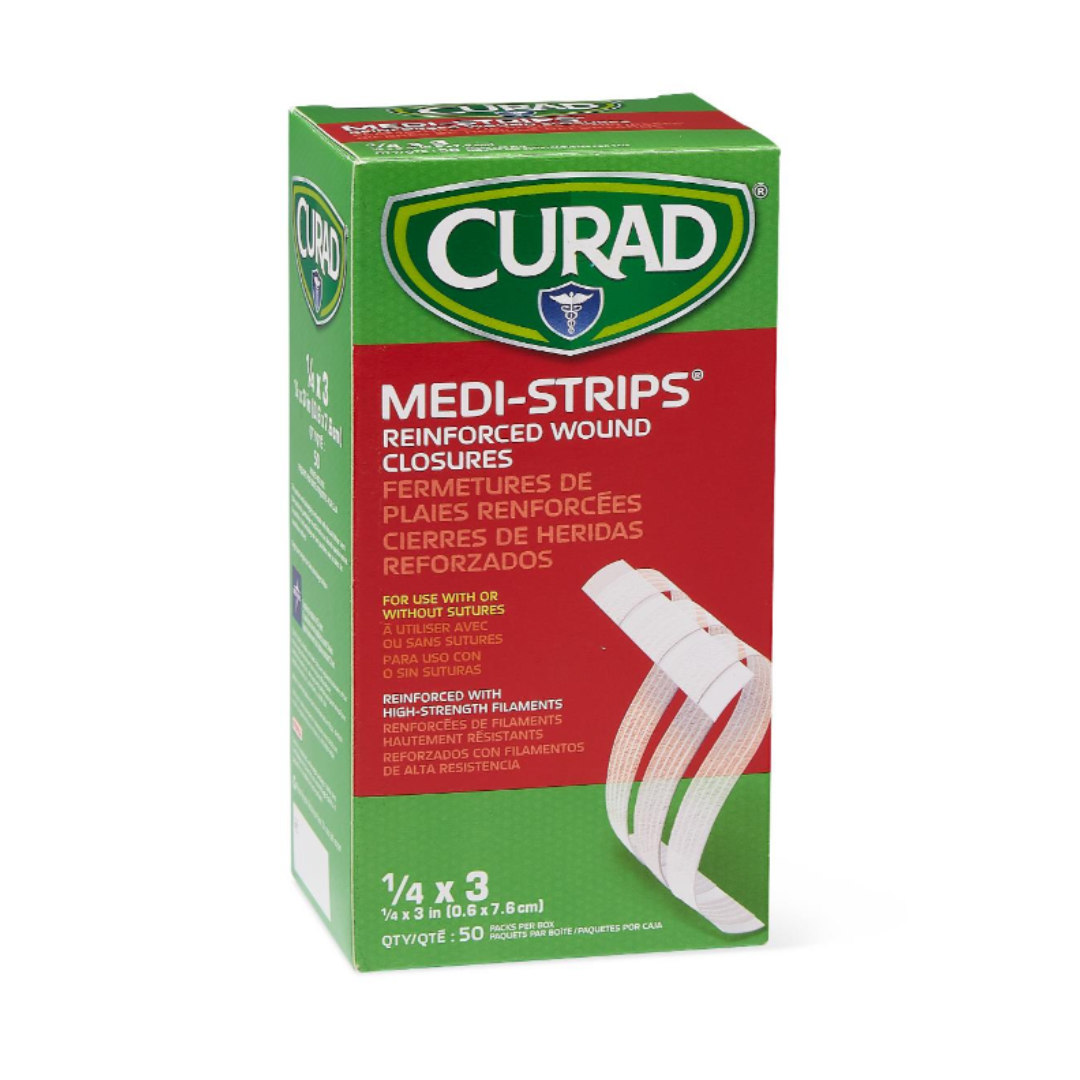 A green and red box of CURAD Sterile Medi-Strip Wound Closure Bandages featuring three white hypoallergenic adhesive strips. Labeled as an alternative to sutures, the box contains 50 sterile 1/4 x 3 inch strips for wound closure.